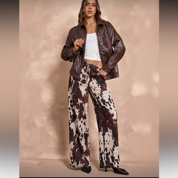 Wide-Leg Cow Print Pants - Brown & Cream - Picture 6 of 7